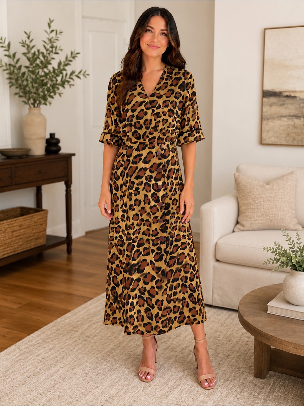 Kay Unger For Neiman Marcus Leopard Print Wrap SILK Midi Dress